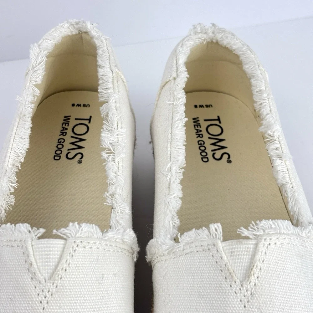 TOMS Valencia Platform Espadrille Slip On White Canvas Shoes 8 NWT Coastal